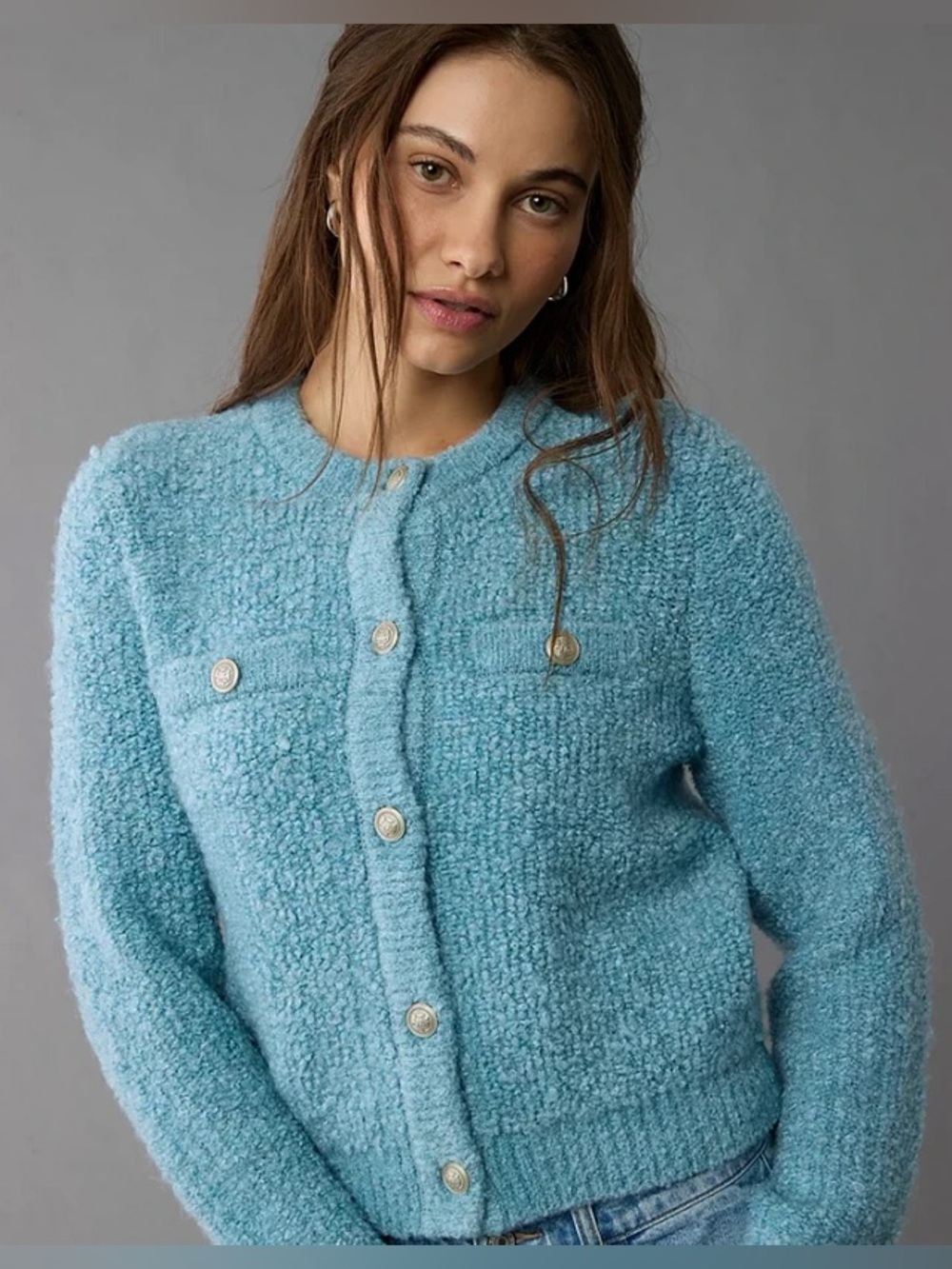 NWOT American Eagle Blue Bouclé Knit Cardigan Sweater XL